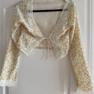 Floral Lace-Trim Tie-Front Blouse - Yellow Floral